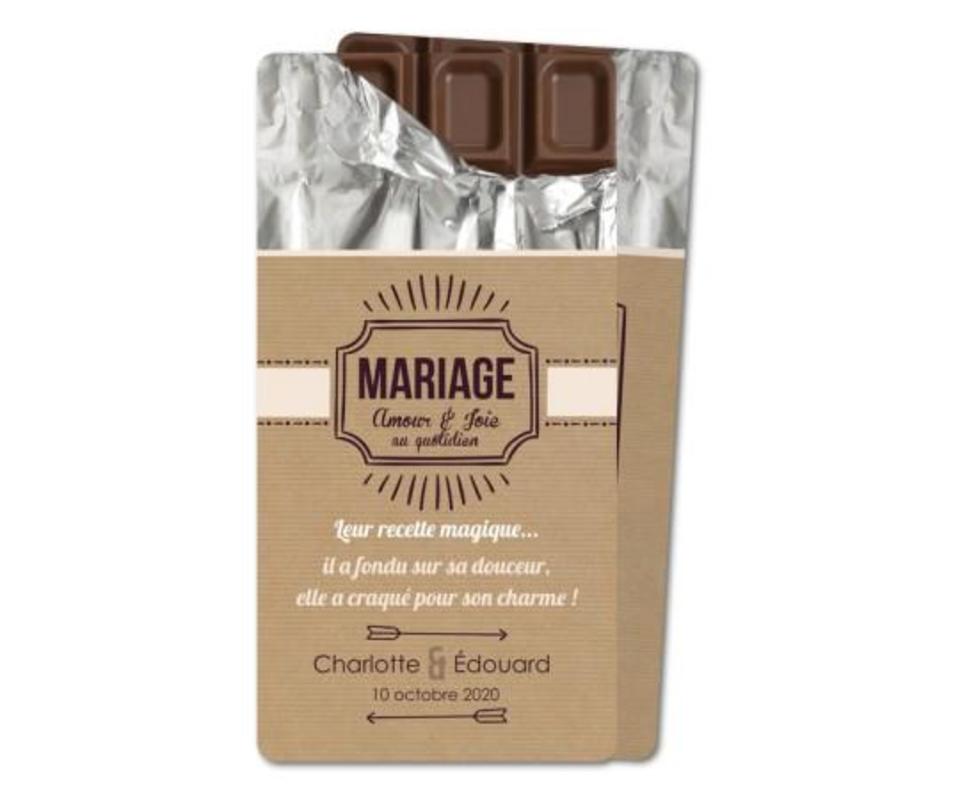 Idée de faire-part en tablette de chocolat pour mariage. 
